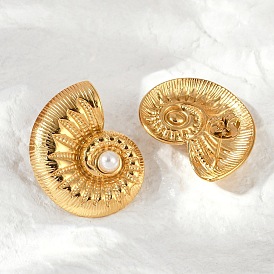 304 Stainless Steel Shell Pearl Stud Earrings, Ion Plating(IP), Shell Shape
