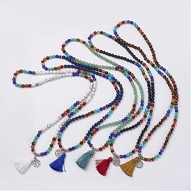 Natural Gemstone Beads Necklaces, with Polyester Tassel and Alloy Findings