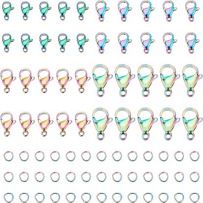 40Pcs 4 Styles Ion Plating(IP) Rainbow Color 304 Stainless Steel Lobster Claw Clasps, with Open Jump Rings