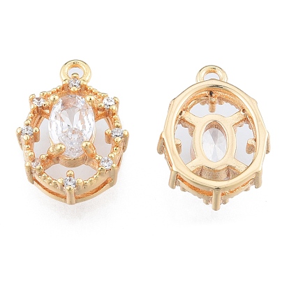 Brass Micro Pave Clear Cubic Zirconia Charms, Cadmium Free & Nickel Free & Lead Free, Oval