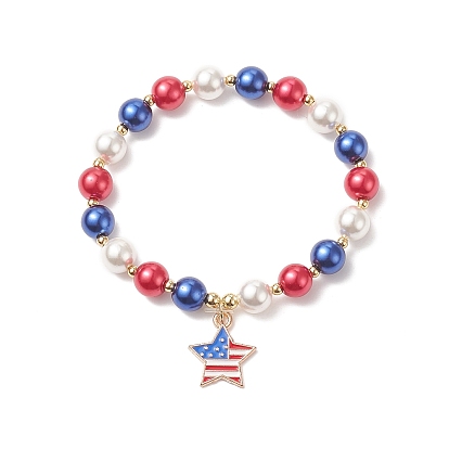 Shell Pearl & Glass Round Beaded Stretch Bracelet, Alloy Enamel Star Charm Independence Day Bracelet for Women