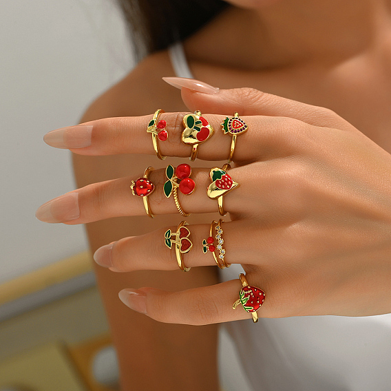 Фруктовые темы латунные манжеты открытые кольца для женщин, с эмалью, золотые