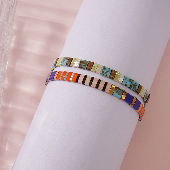 2 Браслеты из богемского стеклянного бисера на резинке для женщин, прямоугольные