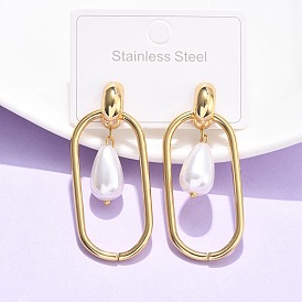 Прямоугольник 304 стали мотаться серьги стержня из нержавеющей, с абс пластмассовой имитационной жемчужиной, ионное покрытие (ip)