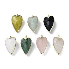 Gemstone Pendants, Faceted Heart Charms, with Golden Plated Brass Edge Loops
