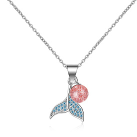 Mermaid Dolphin Pendant Necklace - Natural Strawberry Crystal, Peach Blossom, Student Mori Style.