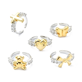 Rack Plating Brass Micro Pave Cubic Zirconia Open Cuff Rings, Cadmium Free & Lead Free, Long-Lasting Plated
