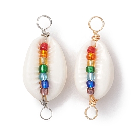 2Pcs 2 Colors Natural Shell Connector Charms, Chakra Colorful Glass Seed Bead Copper Wire Wrapped Links