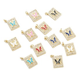 Brass Micro Pave Clear Cubic Zirconia Pendants, with Enamel, Real 18K Gold Plated, Long-Lasting Plated, Rectangle with Butterfly