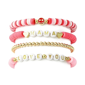 4Pcs 4 Style Mother's Day Theme Polymer Clay Heishi Surfer Stretch Bracelets Set, Smiling Face & Word Acrylic Beaded Stackable Bracelets for Women