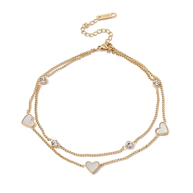 Shell Heart & Rhinestone Link Double Layers Multi-strand Anklet, Ion Plating(IP) 304 Stainless Steel Jewelry for Women