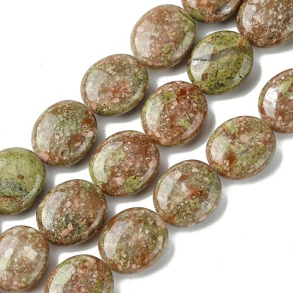 Natural Unakite Beads Strands, Flat Oval
