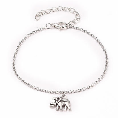 Alloy Elephant Charm Bracelets, with Alloy Lobster Claw Clasps and 316 Surgical Stainless Steel Cable Chains
