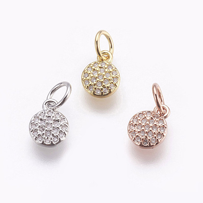 Brass Micro Pave Cubic Zirconia Charms, Lead Free & Cadmium Free, Flat Round