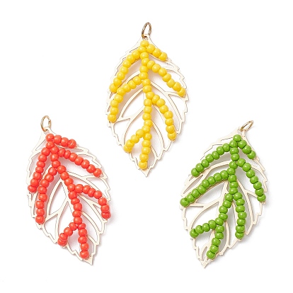 Подвески из стеклянных бусин ручной работы в форме листьев, с 304 кольцами из нержавеющей стали и латунными подвесками