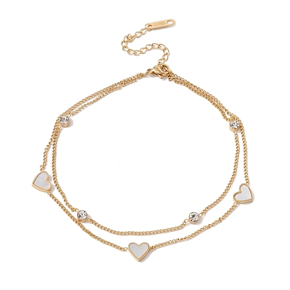 Shell Heart & Rhinestone Link Double Layers Multi-strand Anklet, Ion Plating(IP) 304 Stainless Steel Jewelry for Women