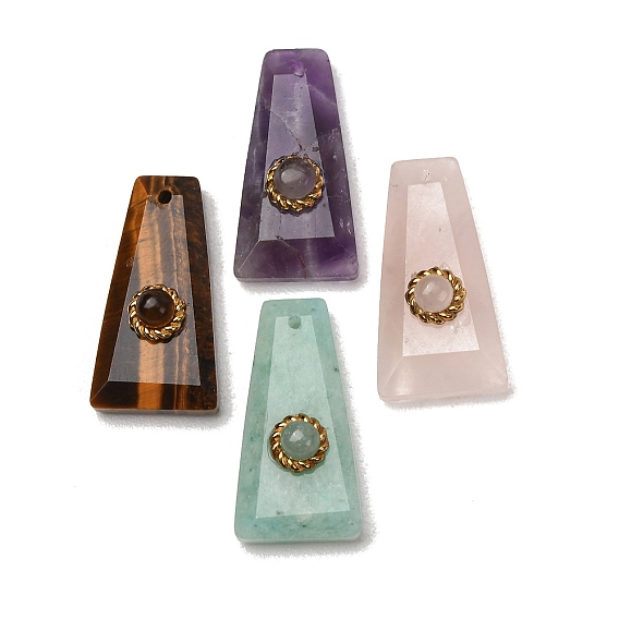 Natural Gemstone Pendants, Faceted Trapezoid Charms with 304 Stainless Steel Findings, Golden