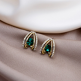 Stylish and Unique Silver Needle Green Crystal Gemstone Earrings for Women
