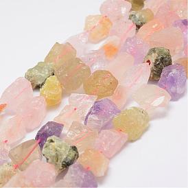 Raw Rough Natural Mixed Stone Bead Strands, Prehnite & Rose Quartz & Amethyst & Yellow Quartz, Nuggets