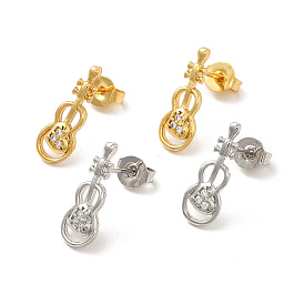 Rack Plating Brass Micro Pave Clear Cubic Zirconia Violin Stud Earrings, Long-Lasting Plated, Lead Free & Cadmium Free