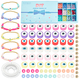 SUNNYCLUE DIY Heishi Bracelet with Evil Eye Making Kit, Including Polymer Clay Beads, Alloy Spacer Beads, Elastic Thread