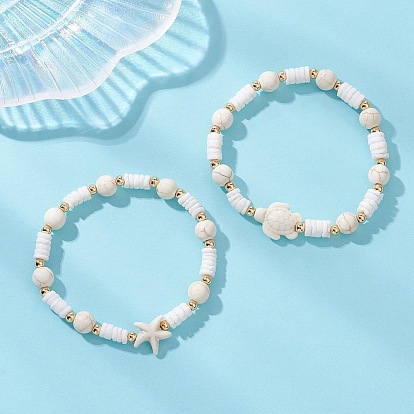 Браслеты из окрашенной синтетической бирюзы и натуральных белых ракушек, эластичные., черепаха и морская звезда