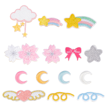5 Sets 5 Style Iron on/Sew on Computerized Embroidery Clothing Patches, Adhesive Appliques, Mixed Shapes