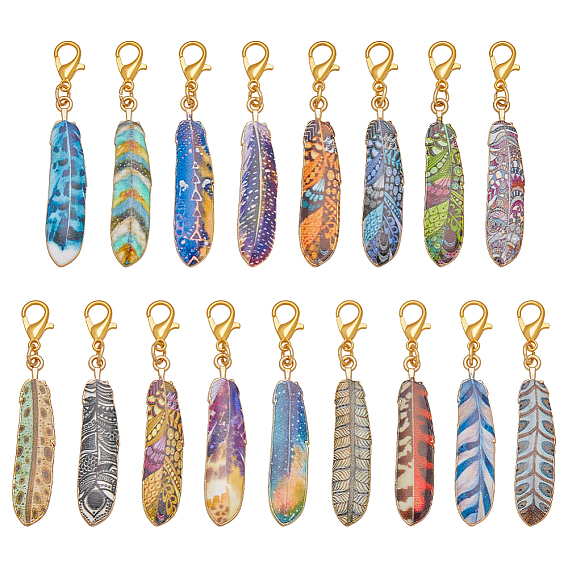 34 шт. 17 украшения из цветного сплава с эмалью в виде перьев, с карабин-лобстерами , золотые