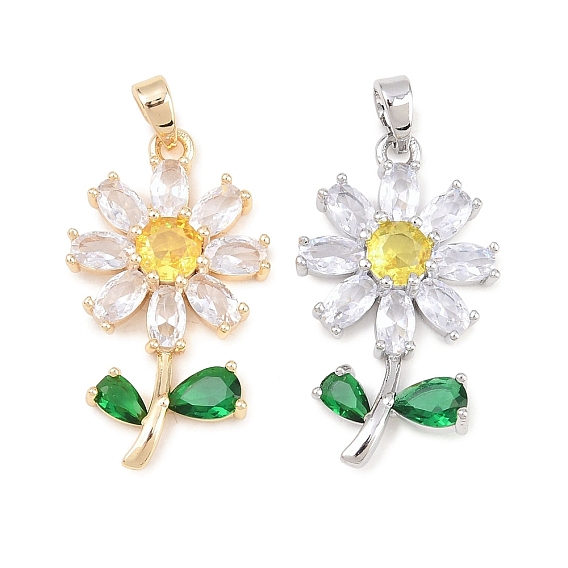 Brass Micro Pave Colorful Cubic Zirconia Pendants, Sunflower Charms
