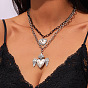 Duo Tone Alloy Heart with Angel Wings Pendant Double Layer Necklaces for Women, Black