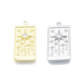 Brass Micro Pave Clear Cubic Zirconia Pendants, Rectangle with Star