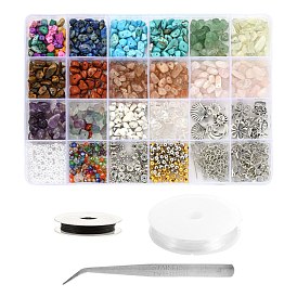 DIY Jewelry Making Kits, Gemstone Chip Beads, 16Pcs Sun & Moon & Crown Alloy Pendants, 350Pcs Plastic/Glass/Brass Beads, Brass & Iron Findings, Zinc Alloy Clasps, Elastic Thread, Wire and Tweezers