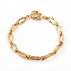 304 Stainless Steel Oval Link Chain Bracelets, with Brass Spring Ring Clasps, Textured