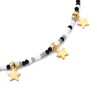 Star Pendant Necklaces, with Brass Cube Beads, Glass Beads, 304 Stainless Steel Charm and Lobster Claw Clasps, Golden
