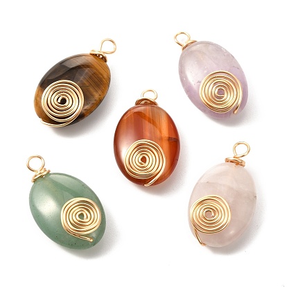 Natural Mixed Gemstone Pendants, with Brass Real 18K Gold Plated Findings, Oval