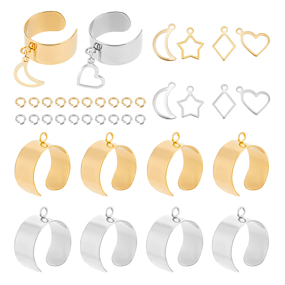 Набор для самостоятельного изготовления кольца-шарма, включая компоненты кольца манжеты из нержавеющей стали, луна, звезда, ромб и сердце 304 подвески из нержавеющей стали