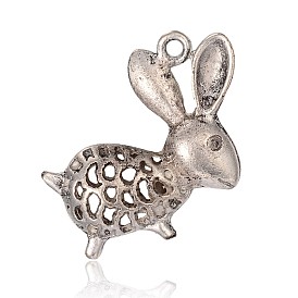 Hollow Rabbit Tibetan Style Alloy Pendants, Bunny Charms, 32x28x7mm, Hole: 2mm