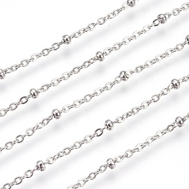 304 Stainless Steel Cable Chains, Satellite Chains, with Rondelle Beads, Soldered, Flat Oval