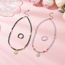 White Jade Jewerly Sets, with Opaque Glass Imitation Cat Eye Pendants, Including Necklaces and Ring, Sun