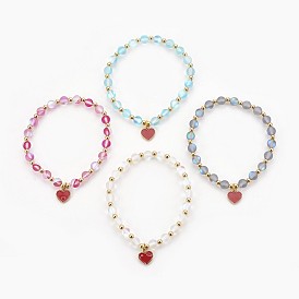 304 bracelets à breloques en acier émaillé, avec perles de pierre de lune synthétiques et découvertes en laiton, cœur, or