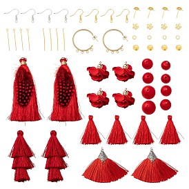Kits de fabrication de boucles d'oreilles festives bricolage, y compris les découvertes de boucles d'oreilles en métal, perles recouvertes de tissu de fil de polyester et pendentifs à pampilles, accessoires en fer, pendentifs en tissu et alliage