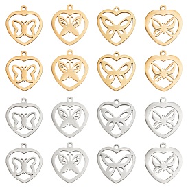 Unicraftale 16Pcs 8 Style 201 Stainless Steel Pendants, Laser Cut Pendants, Heart with Butterfly