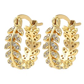 Rack Plating Brass Micro Pave Clear Cubic Zirconia Hoop Earrings, Leafy Branch