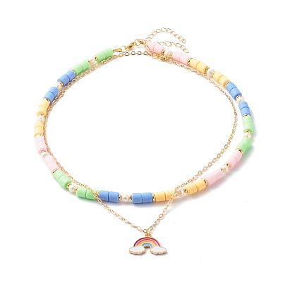 Polymer Clay Beaded Necklace Set, with Alloy Enamel Rainbow Pendant and Pearl, Brass Cable Chains & Beads