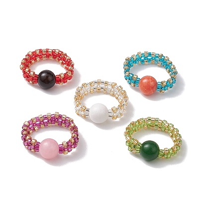 Glass Seed Beaded Stretch Finger Rings, with Natural Mashan Jade & Black Onyx Beads, Round