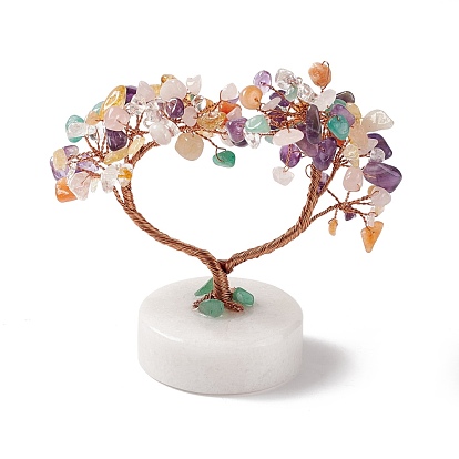Natural Gemstone Chips and Natural White Jade Pedestal Display Decorations, Healing Stone Tree, for Reiki Healing Crystals Chakra Balancing, with Rose Gold Plated Brass Wires, Lucky Tree