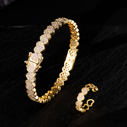 Комплекты браслетов и колец-манжет из латуни с микропаве из прозрачных кубических цирконий в форме сердца