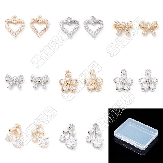 16Pcs 8 Style  Rack Plating Brass Micro Pave Cubic Zirconia Charms, Long-Lasting Plated, Mixed Shape