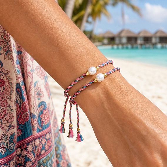 Summer Natural Freshwater Pearl Round Beads Braided Cotton Cord Bracelet Sets for Women, Boho Adjustable Stackable Bracelets, Golden