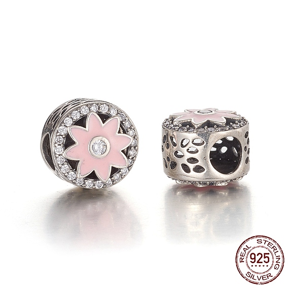 Hollow Antique Silver Plated 925 Sterling Silver European Beads, Large Hole Beads, with Cubic Zirconia and Enamel, with 925 Stamp, Flat Round with Flower